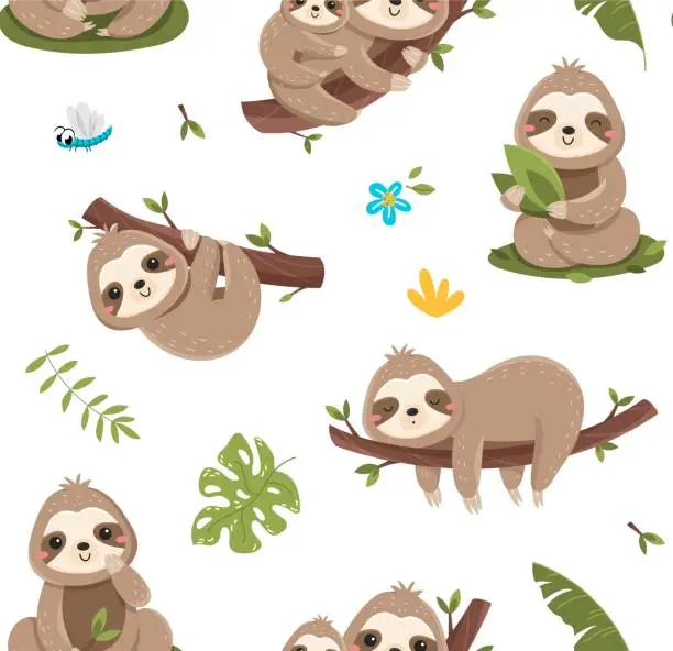 Vector illustration of Sloth seamless pattern