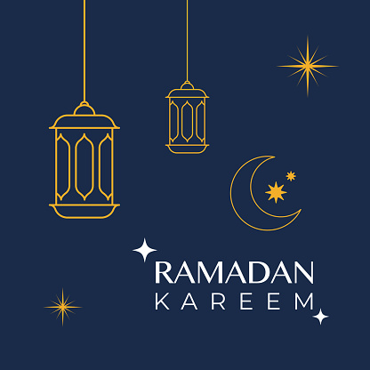 Ramadan Kareem. Greeting card with hanging line lamps. Vector illustration, flat design