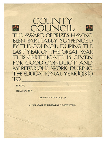 A certificate awarded by a British county council after World War One in recognition of “good conduct and meritorious work during the educational year 1918-19” as the awarding of prizes had been partially suspended “during the last year of the Great War”. (All identifying details have been removed.)