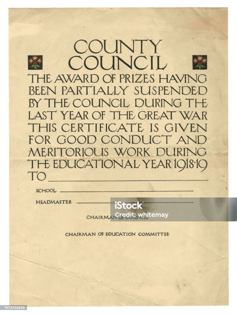 Certificate for 'Good Conduct and Meritorious Work', 1918-1919 A certificate awarded by a British county council after World War One in recognition of “good conduct and meritorious work during the educational year 1918-19” as the awarding of prizes had been partially suspended “during the last year of the Great War”. (All identifying details have been removed.) Education Stock Photo
