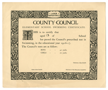 A certificate awarded to a 13-year-old school child by a British county council in recognition of that the child has “passed the Council’s prescribed test in Swimming,, in the educational year 1916-17”. Girls were required to swim 20 yards, while boys had to swim 40 yards!. (All identifying details have been removed.)