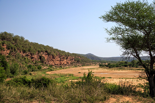 Landscape in the Big five Hluhluwe–Imfolozi Park, formerly Hluhluwe–Umfolozi Game Reserve in Kwa Zulu Natal in South Africa