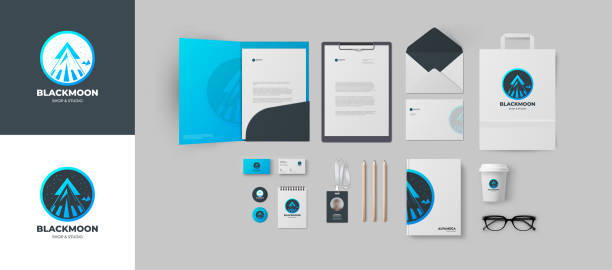 Premium set of blue corporate desing with bright mountain logo and multiple elements of stationery mockups Minimal style branding identity for modern company. Vector gradient blue peak logo wild posting ad stock illustrations