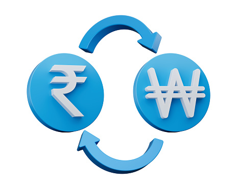 3d White Indian Rupee And Won Symbol On Rounded Blue Icon With Money Exchange Arrows 3d illustration