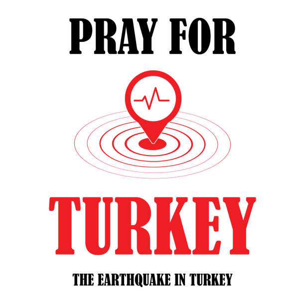 icon with the inscription turkey pray for turkey. earthquake, catastrophe and destruction in red colors. vector illustration. - turkey earthquake stock illustrations