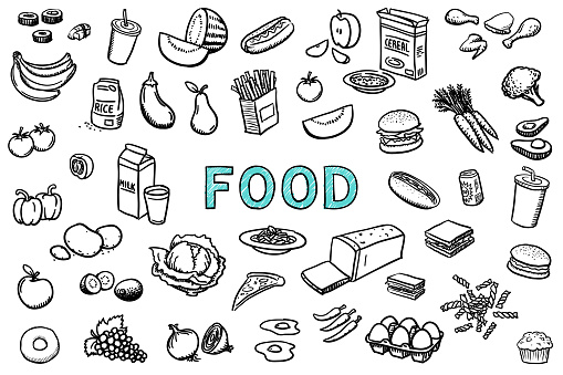 Hand drawn vector food illustrations. Sushi, meat, chicken, burgers, bread, eggs, drinks, pizza, fries, hot dogs, fruit, vegetables. Healthy and unhealthy food choices