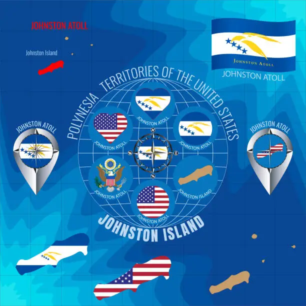 Vector illustration of Set of illustrations of flag, contour map, money, icons of JOHNSTON ATOLL. Territories of the United States. Travel concept.