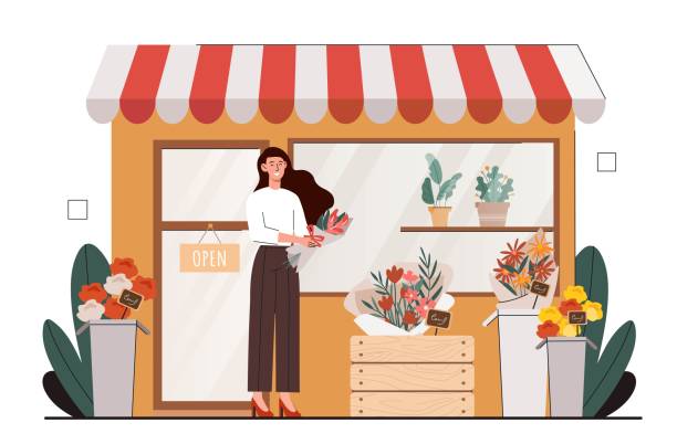 Stands for flowers Stands for flowers. Small business owner and seller, young girl with bouquet near window. Advertising poster or banner for florist shop. Floristry and botany. Cartoon flat vector illustration small business owner on computer stock illustrations