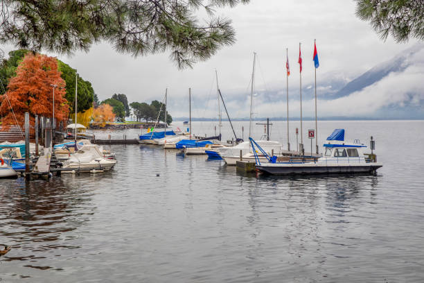 Harbor with  small yachts and motorboats in winter day in Locarno . Swis alps are closed bu fog and low clouds. Autumn leaf color: orange needles of larch and and other trees and pines alley