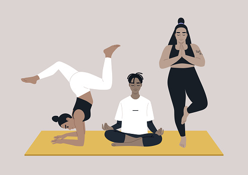 a group of individuals participating in a yoga vinyasa online workshop, the diverse participants are positioned on a yoga mat, a workout designed to improve strength, balance, and flexibility