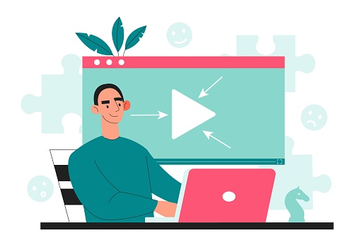 Press play concept. Man sits in front of laptop with white triangle on screen. Young guy watches interesting videos or plays games. Entertainment and rest. Cartoon flat vector illustration