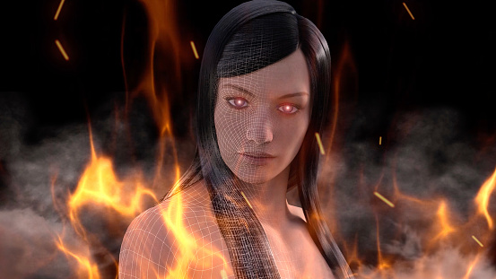 An artificial woman made of organic material looking at the camera with his eyes glowing in fire. New generation terminator robot. / You can see the animation movie of this image from my iStock video portfolio. Video number: 1473476656