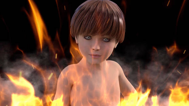 Child in War Fire stock photo