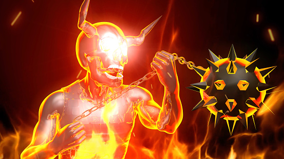 Fire devil swinging a mace with a chain in his hand. An antihero character in new generation game scene. The battle of epic character. / You can see the animation movie of this image from my iStock video portfolio. Video number: 1473475557