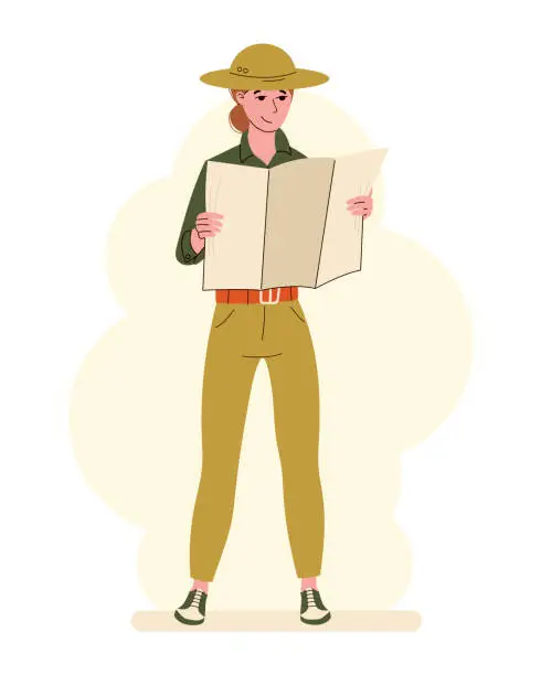 Vector illustration of Woman explorer or safari traveler standing in a wide-brimmed hat. A girl studying a map. Vector isolated flat illustration.