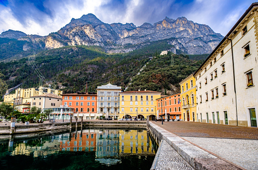 Riva del Garda, Italy - March 10: historic buildings at the old town of Riva del Garda on March 10, 2023