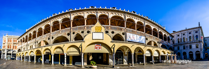 Padua, Italy - March 12: historic Palazzo della Ragione with famous Market at the old town of Padua on March 12, 2023
