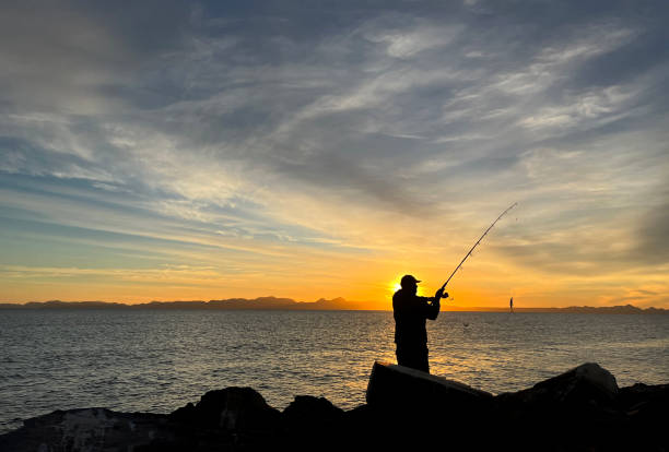 Silhouette of Man Fishing stock photo