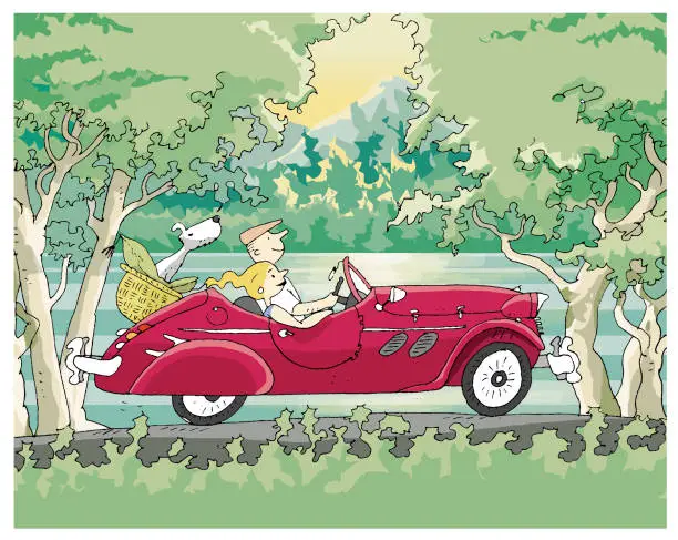 Vector illustration of lovers are driving around the nature park in an antique car