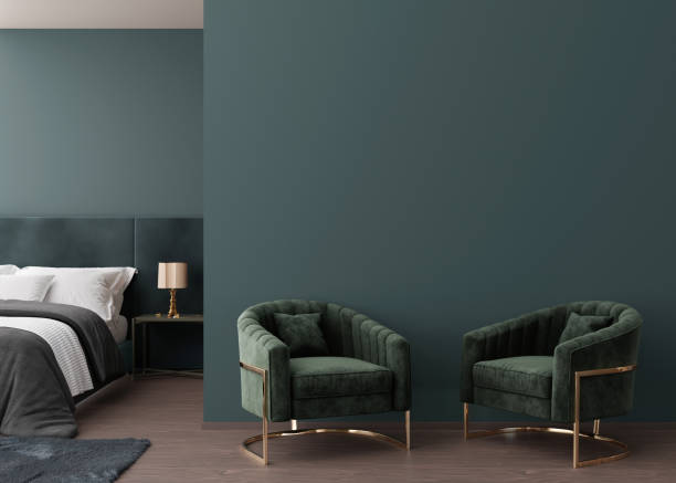 Empty dark green wall in modern bedroom. Mock up interior in classic style. Copy space for your picture, poster. Template for artwork. Bed, armchairs. 3D rendering.