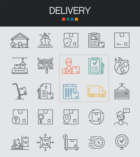 Vector illustration of Delivery Line Icons Editable Stroke.  Package , Insurance , Box - Container , Shipping , Return , Truck