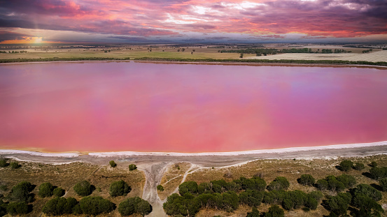 Aerial view of the stunning Pink Lake outside of Dimboola in western Victoria