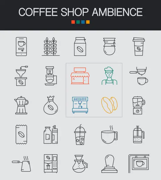 Vector illustration of Coffee Shop Ambience Line Icons Editable Stroke. Coffee Tree , Coffee Bean , Latte , Moka Pot , Coffeemaker , French Press