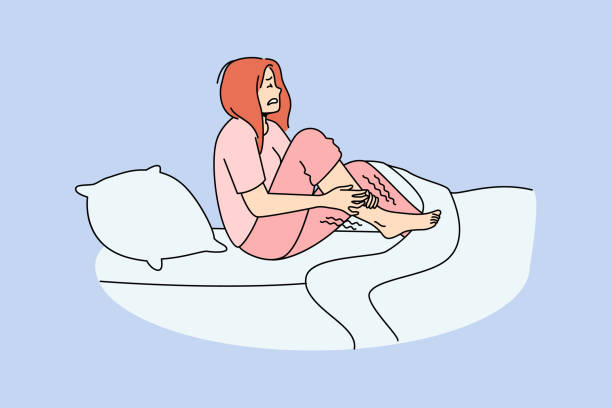 Unhealthy woman suffer from leg cramp Unhappy woman in bed at night suffer from restless leg syndrome. Unhealthy female struggle with cramp. Healthcare concept. Vector illustration. woman feet bed stock illustrations