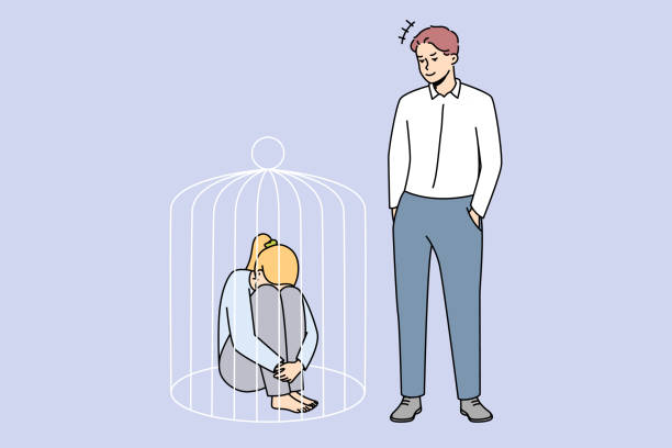 ilustrações de stock, clip art, desenhos animados e ícones de man lock sad woman in cage - domestic violence