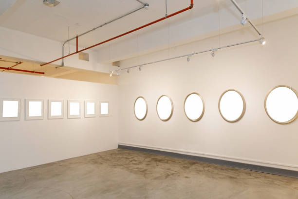 istock Environment or room with frames for paintings, concept of art gallery with replaceable paintings and people watching, decoration and architecture. 1473775764