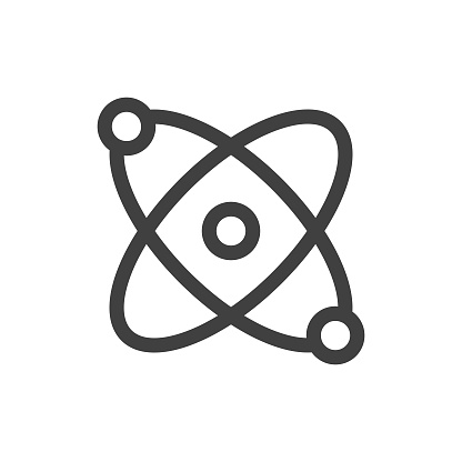 Atom, Physics Line Vector Icon on White Background. Editable Stroke. Pixel Perfect. For Mobile and Web. Outline Vector Graphics.