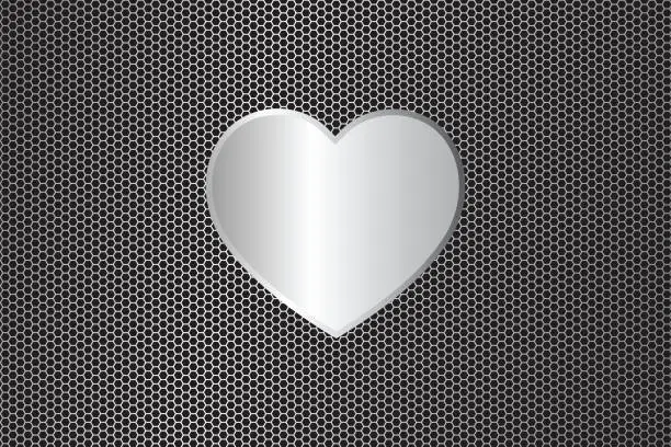 Vector illustration of Polished steel metal heart template on Dark grid background steel metal texture surface
