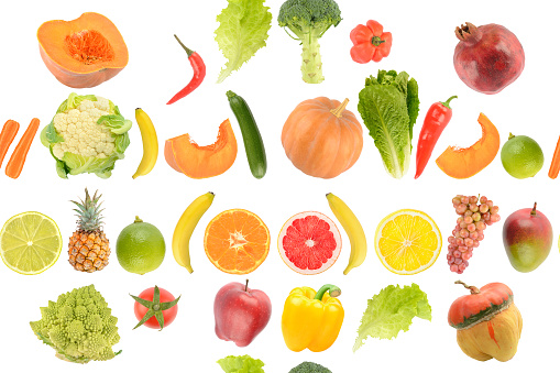 Fruit vegetable seamless pattern isolated on white background.