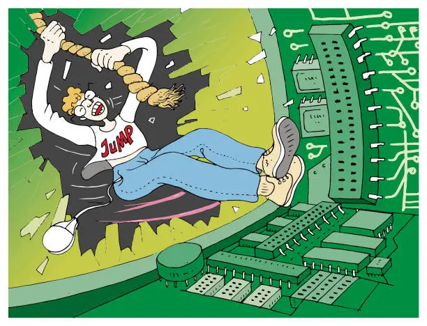Vector illustration of Hacker Teenager Breaks Monitor Glass and Dives into Computer