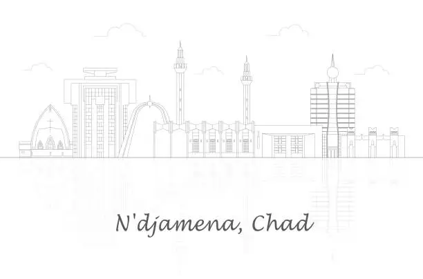 Vector illustration of Outline Skyline panorama of city of N'djamena, Chad