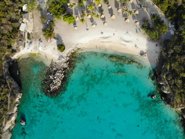 Curacao, Caribbean. Turquoise blue sea with calm and calm waters. Drone Top View