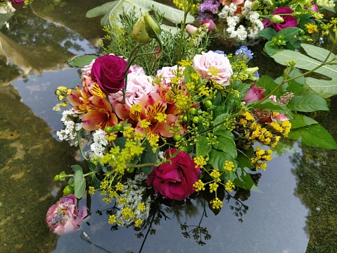 pink and red roses in a bouquet floating in the water of a fountain. Plucked buds as decoration for a summer holiday. Ivan Kupala, summer solstice. Harvest festival