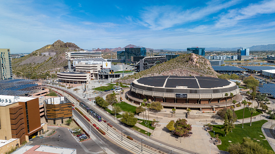 Aerial view of Arizona State University campus in Tucson, Arizona. Includes the Desert Financial Arena and Sun Devil Stadium.