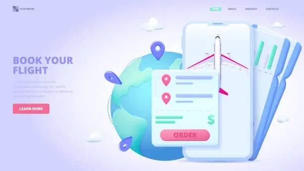 Vector illustration of Book flight, buy tickets online, search tickets online service. 3d design concept for landing page. Three dimensional vector illustration for website, banner.