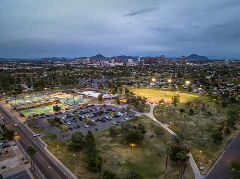 Aerial view of residential area in Phoenix, Arizona on a cloudy day.