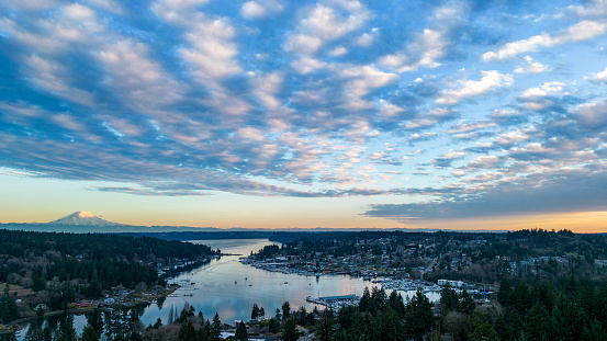 A colorful sunset sky over Gig Harbor in Washington State.