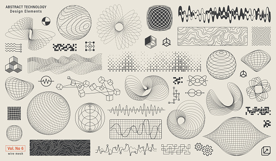 Abstract technology collection of design elements. Wire mesh line art. Modern retro style.