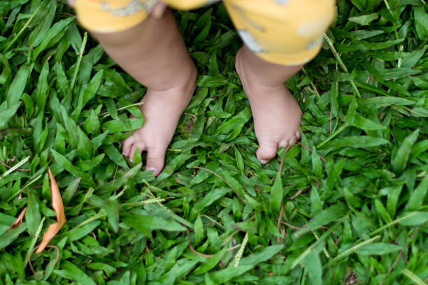 Water from a garden hose, from well splashes onto a boy's bare fee. Close-up of feet standing on grass with water droplets.