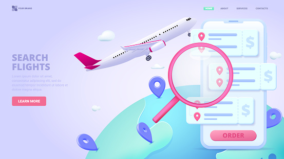 Book flight, buy tickets online, search tickets online service. 3d design concept with characters for landing page. Three dimensional vector illustration for website, banner.