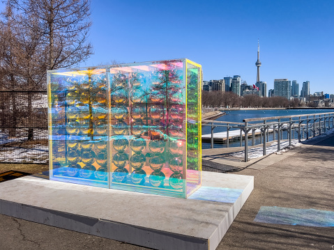 Toronto, Canada - March 15, 2023 : Free Light Exhibition at Trillium Park on the waterfront - Lumière The Art of Light