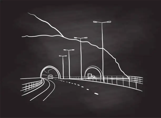 Vector illustration of Tunnel Roads Through mountain Blackboard