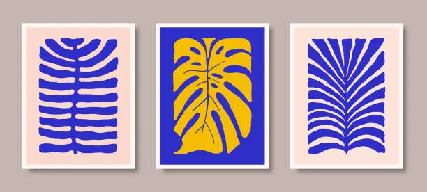 Vector illustration of Abstract Naive Tropical Leaves Posters with Monstera, Palms and Ferns. Floral Prints in Contemporary Style. Vector