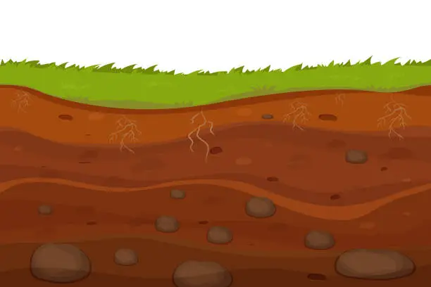 Vector illustration of Soil, ground with layers, grass roots and stones, earth sections in cartoon style isolated on white background. Vector illustration