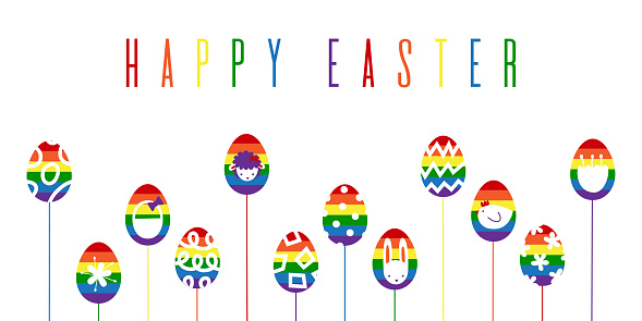 Happy Easter rainbow banner with eggs on sticks and holiday symbols in pride lbgt colors. Abstract modern graphic minimalistic vector flat illustration.