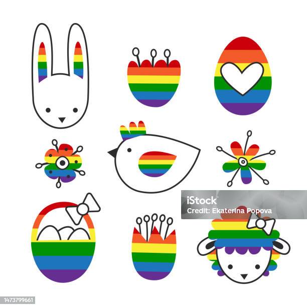 Object Show Lgbt Rainbow Easter Symbols Set Lgbt Springtime Holiday Objects Gay Bunny ...